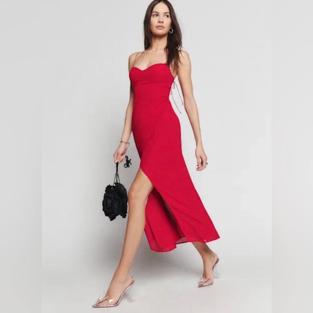 NWT REFORMATION Kourtney Cherry Red Strappy Bustier Midi Dress 10